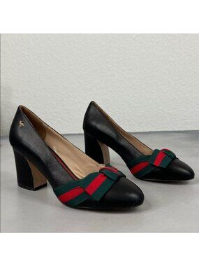 Gucci Aline Black Grosgrain Ribbon Gold Star Curved Block Heel Pumps